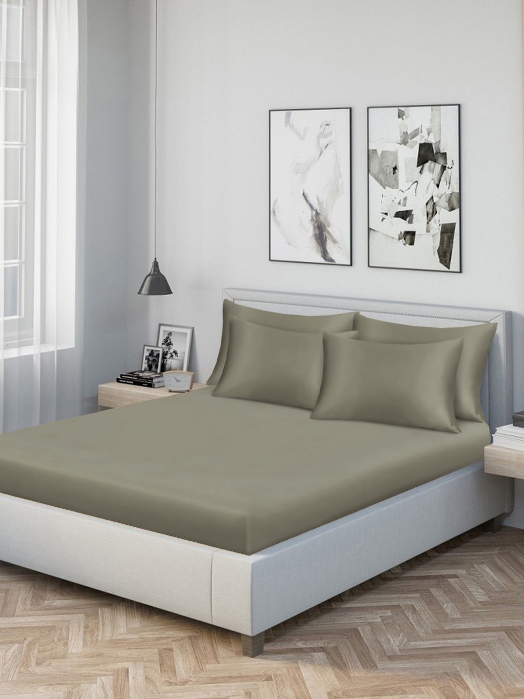 KLOTTHE Brown 300 TC Double Fine Flat Bedsheet & 4 Pillow Covers-98 In x 88 In-picture-29