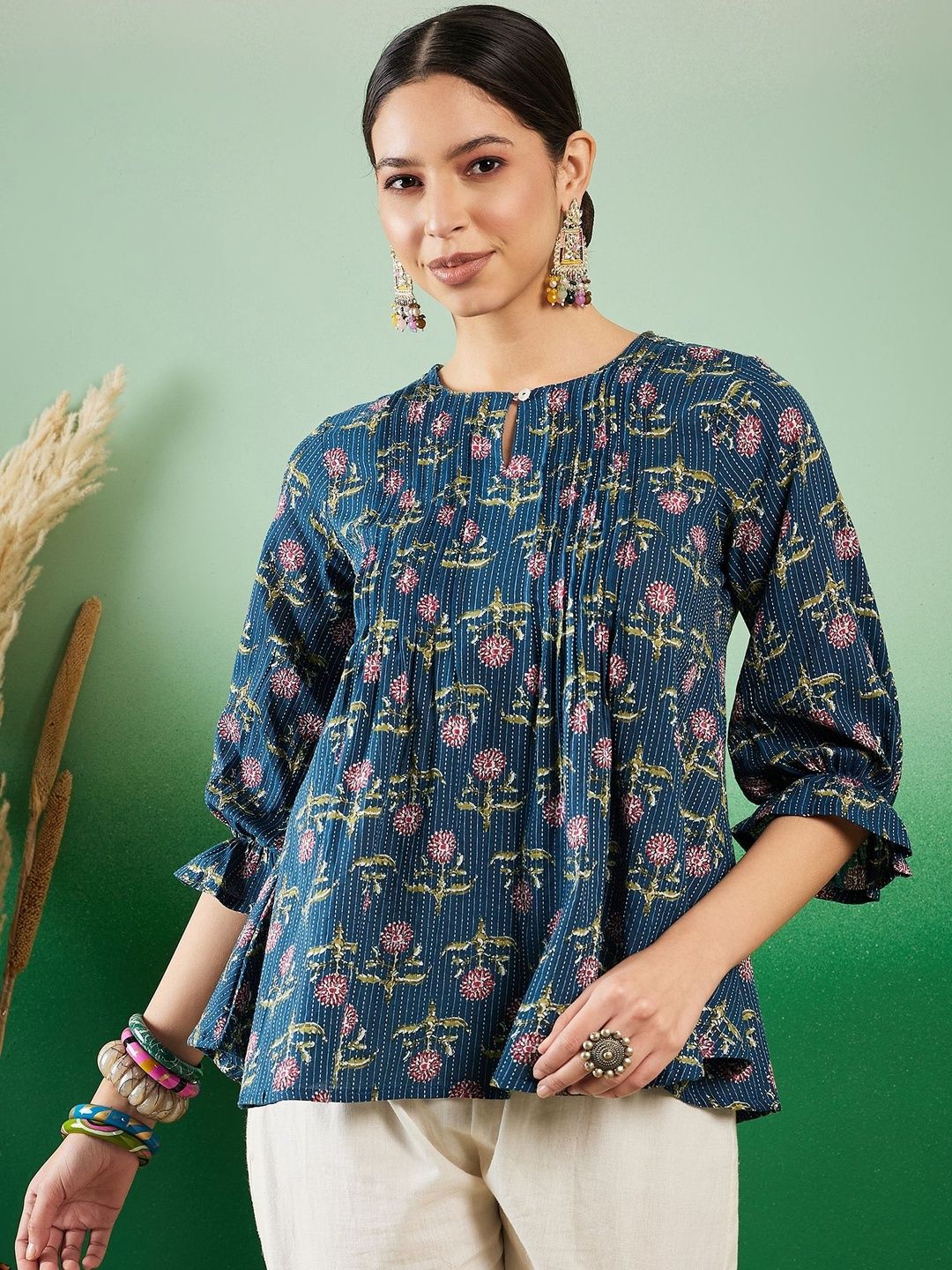 InWeave Women Floral Printed Keyhole Neck Puff Sleeve Cotton A-Line Top-picture-14