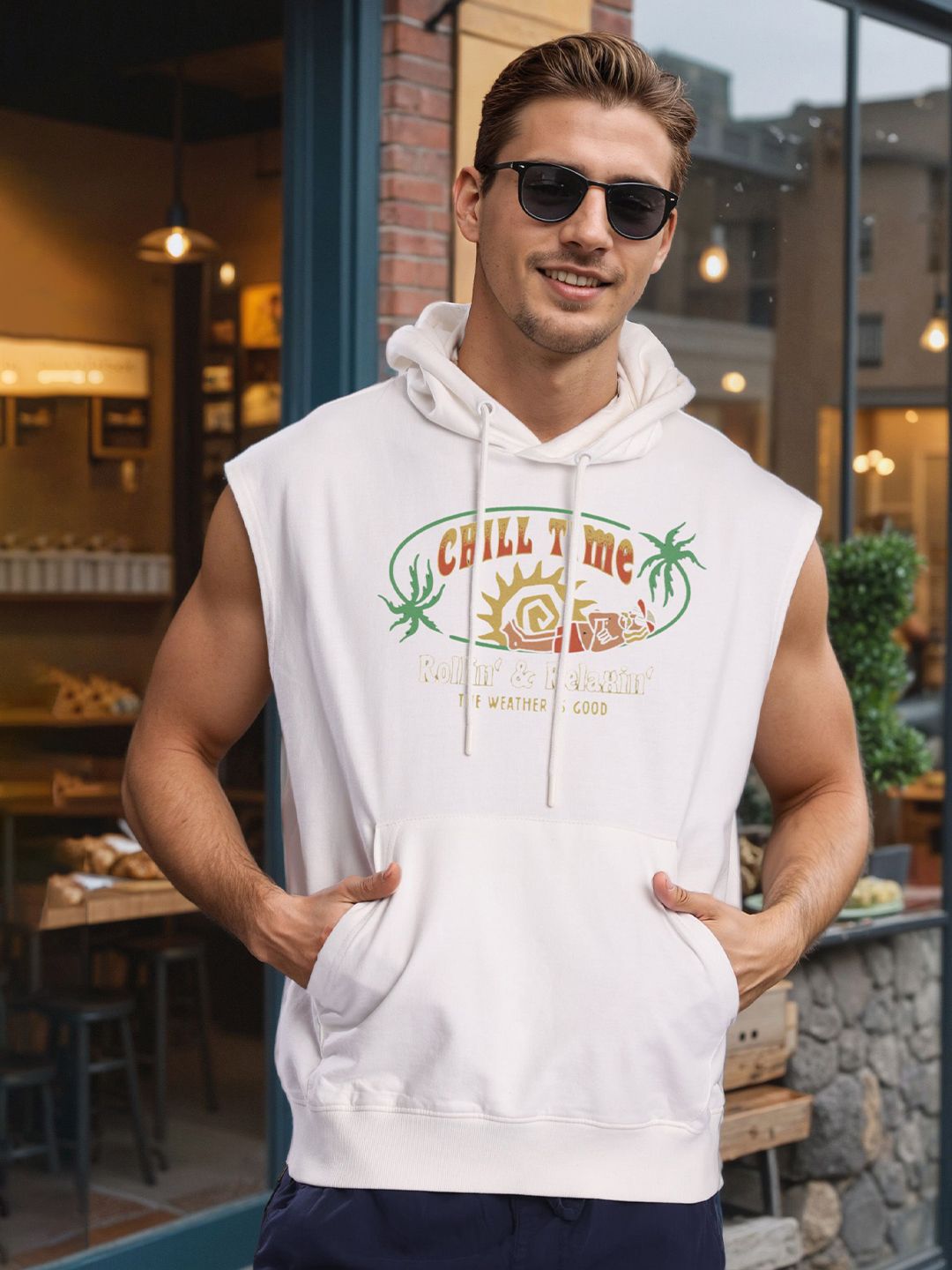 Bene Kleed Men Graphic Printed Hooded Sleeveless Sweatshirt with kangaroo pocket-picture-39