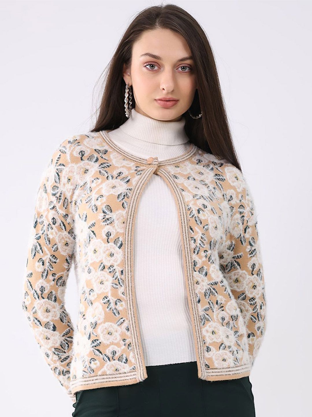 Monte Carlo Women Floral Printed Round Neck Full Sleeve Cardigan