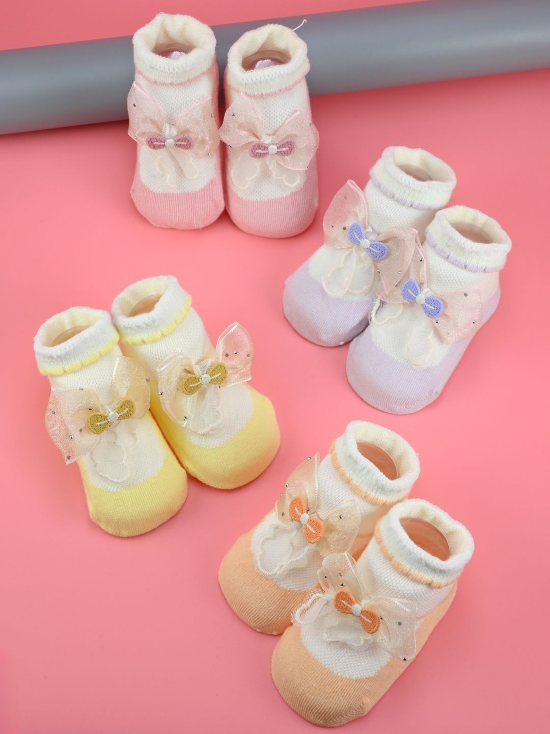 Yellow Bee Girls Pack Of 4 Colourblocked Cotton Breathable Ankle-Length Socks-picture-12