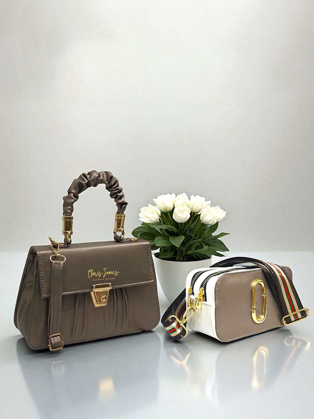 CLARIS JAMES Women Set of 2 Solid Structured Handheld Bag-picture-16