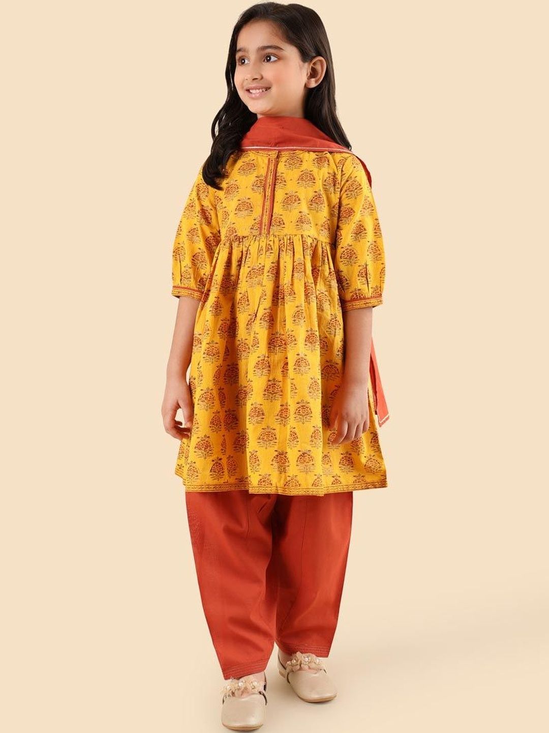 Fabindia Girls Ethnic Motifs Printed Round Neck Pure Cotton Kurta With Salwar & Dupatta-image-39
