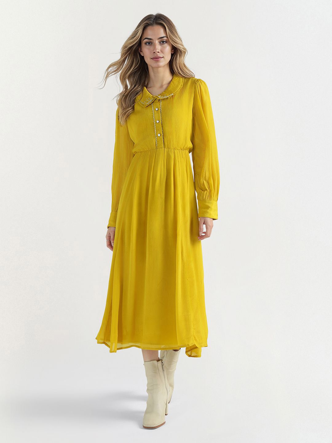 ELLE Women Self Design Embellished Peter Pan Collar A-Line Midi Dress-picture-17
