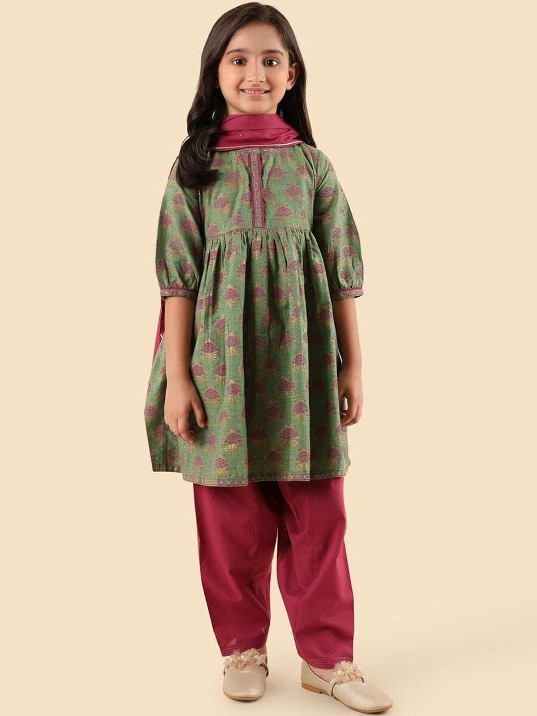 Fabindia Girls Ethnic Motifs Printed Cotton A-Line Kurta with Patiala & Dupatta-picture-29