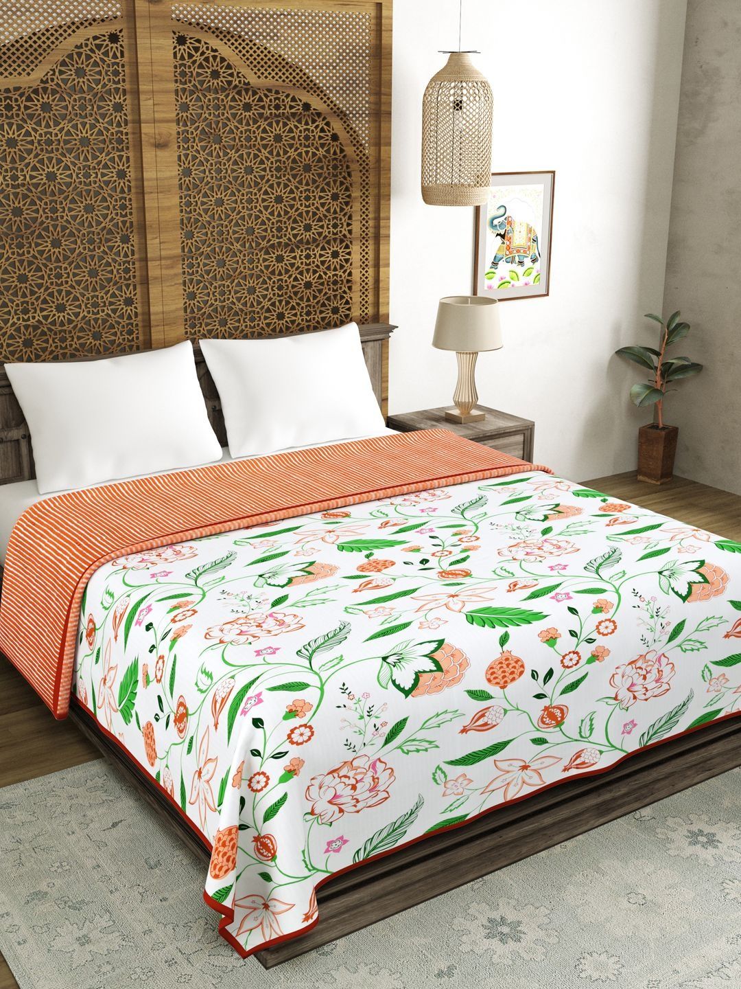 BLOCKS OF INDIA Pink & Green Floral Printed Pure Cotton AC Room 150 GSM Double Bed Dohar-picture-17