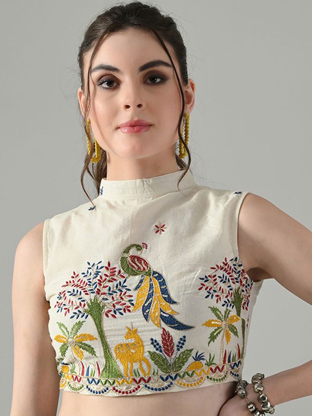HERE&NOW Women Embroidered Cotton Halter Neck Saree Blouse-image-18