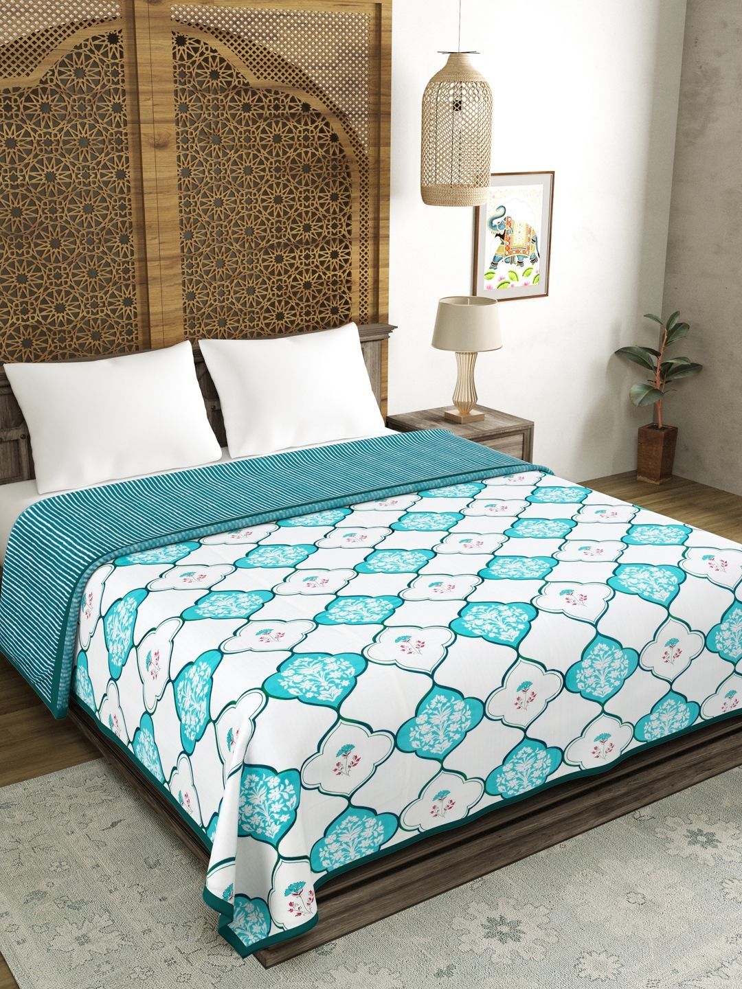BLOCKS OF INDIA Pink & White Floral Printed Pure Cotton AC Room 150 GSM Double Bed Dohar-picture-23