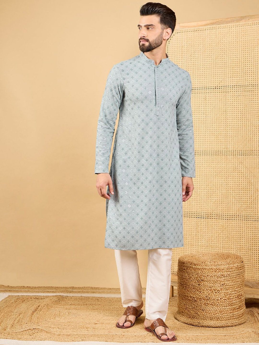 House of Pataudi Men Embroidered Straight Kurta & Trousers-picture-17