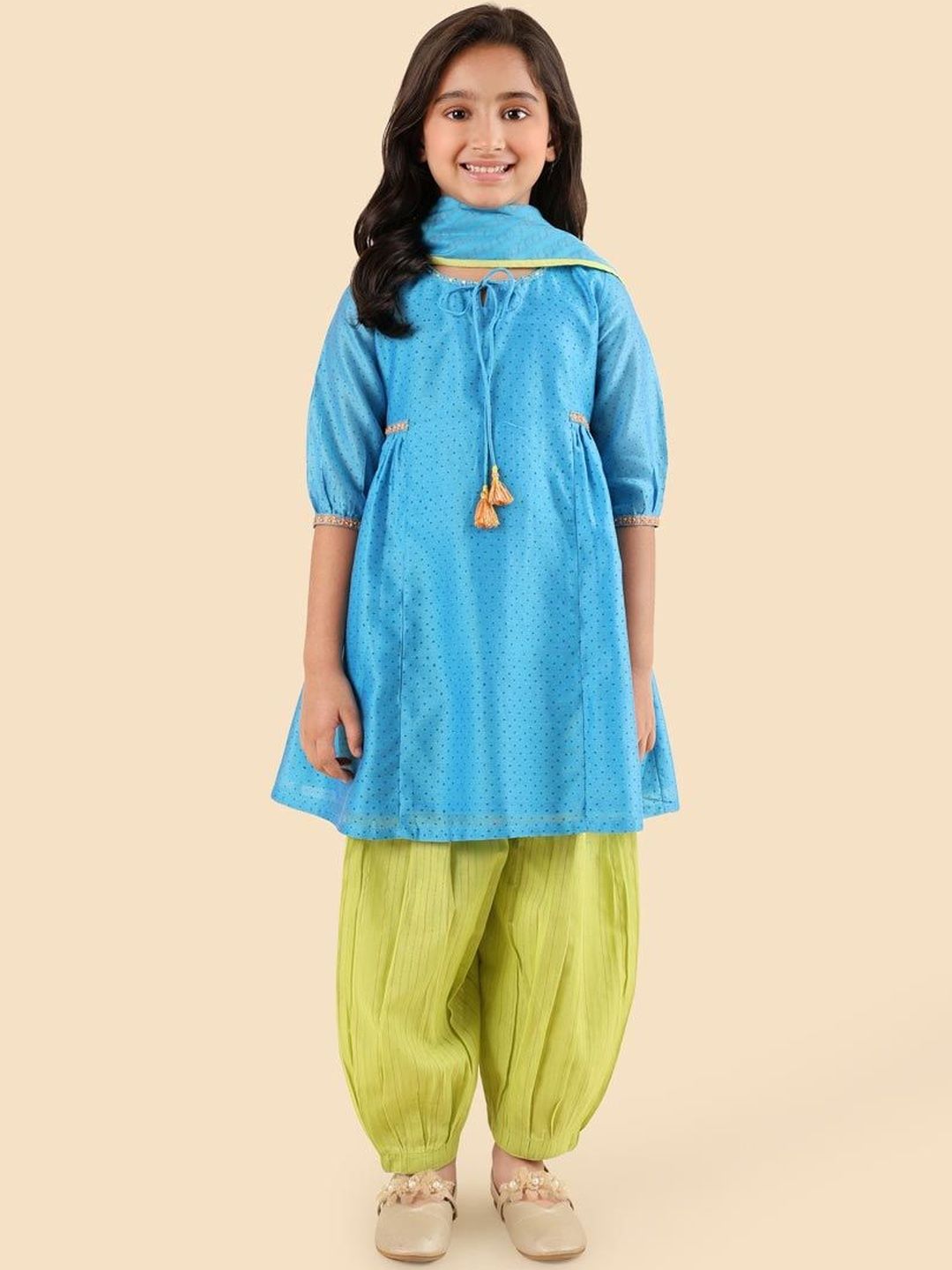 Fabindia Girls Ethnic Motifs Printed Regular Gotta Patti Kurta with Harem Pants & Dupatta-picture-23