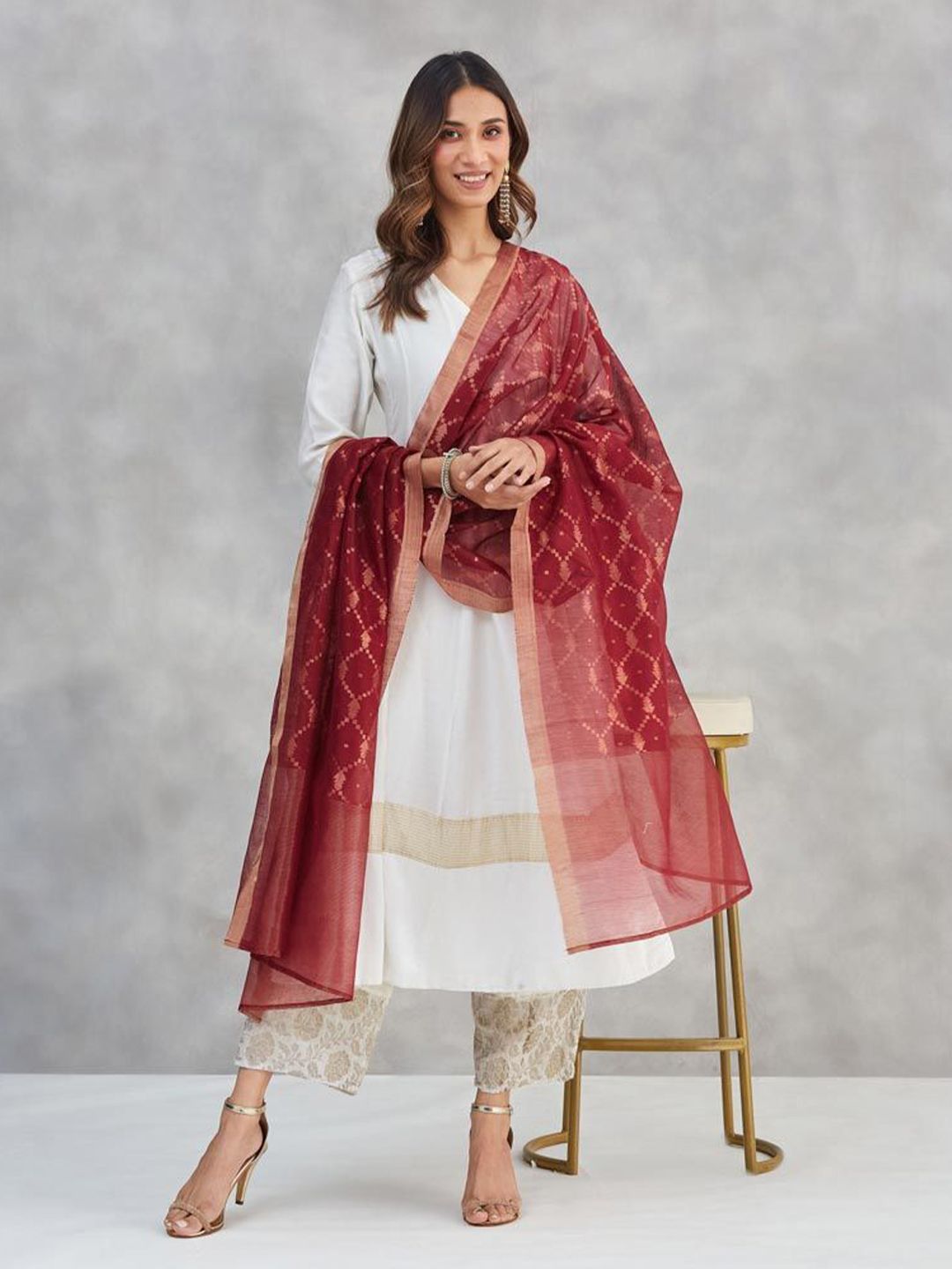 Fabindia Geometric Woven Design Cotton Silk Dupatta-picture-36