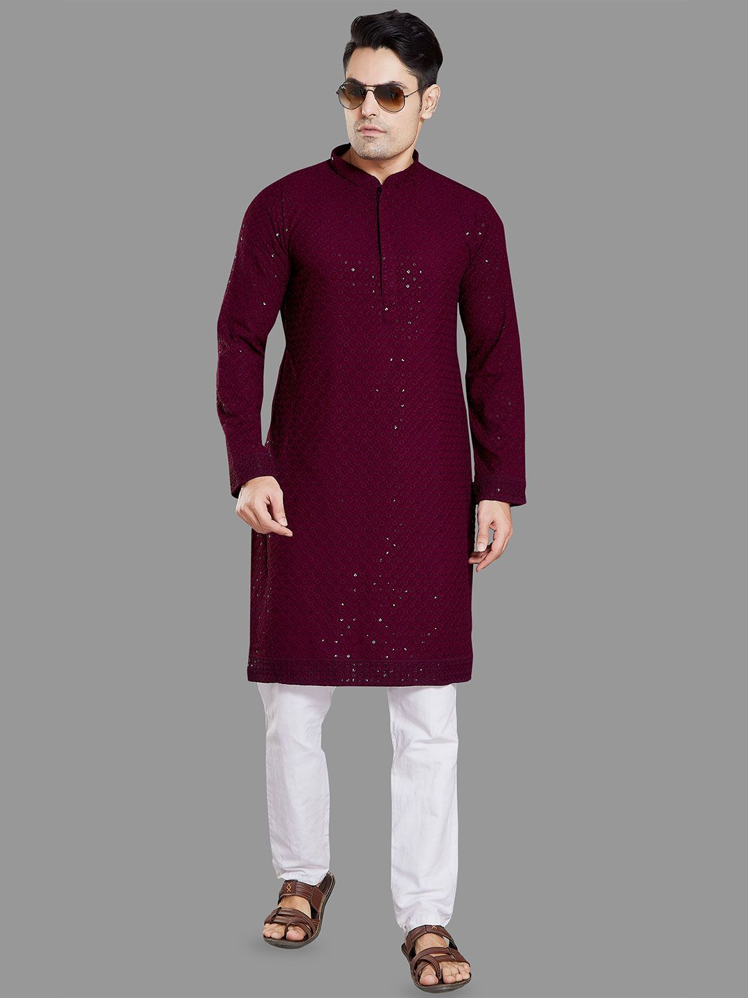 PulseIQ Men Mandarin Neck Sequin And Thread Work Slim Fit Kurta-picture-10