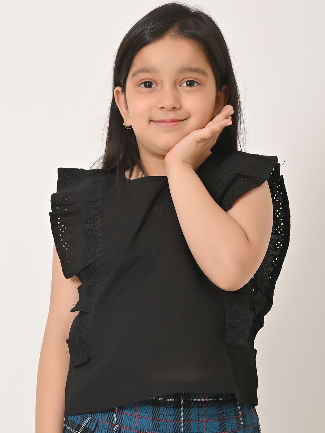 Miss & Chief Miss & Chief Girls Solid Round Neck Elastic Half Sleeves tie-Up Knot Regular Tops