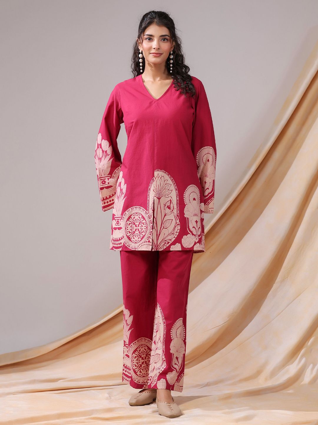 JISORA Printed V-Neck Pure Cotton Tunic With Palazzo Co-Ords-picture-14