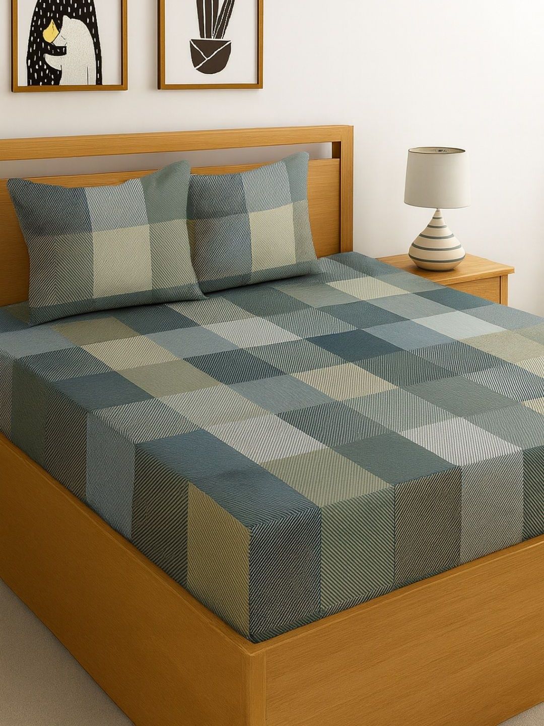 INDHOME LIFE Blue & Grey 210 TC King Bedsheet with 2 Pillow Covers-picture-25