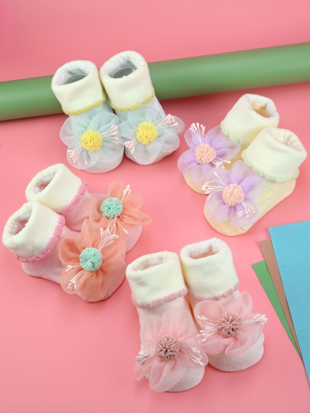 Yellow Bee Infant Girls Pack Of 4 3D Floral Pastel Accent Cotton Ankle Length Socks-picture-14