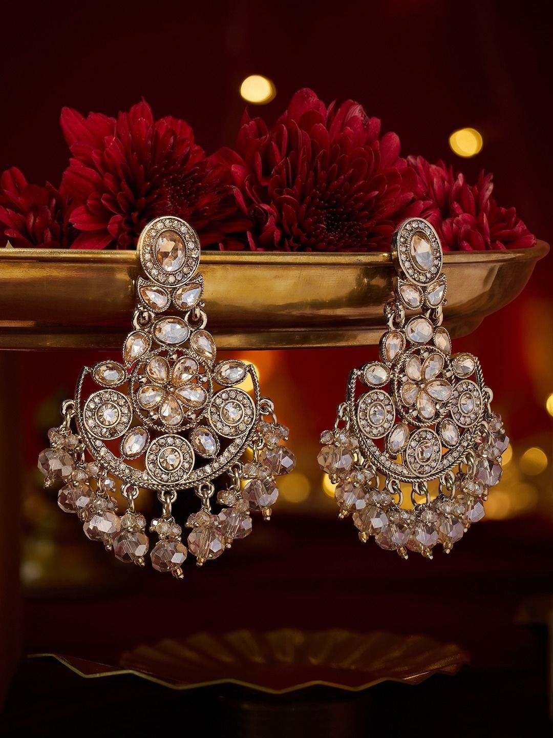 Zaveri Pearls Gold-Plated Artificial Stones Studded & Pearls Beaded Floral Drop Earrings-picture-52