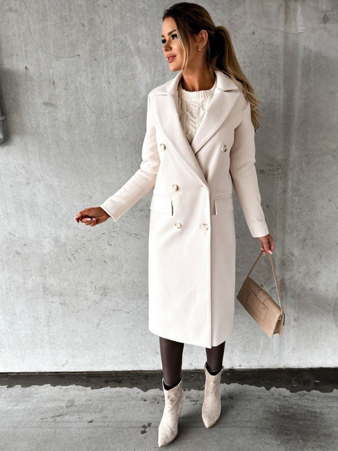 HERE&NOW Double-Breasted Notched Lapel Long Coat