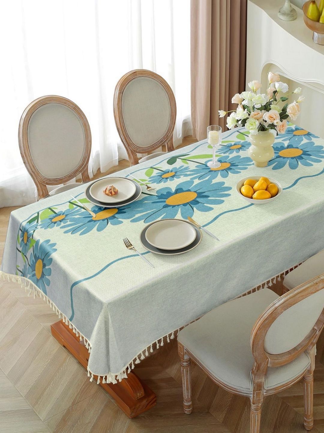 Cortina White Floral Waterproof Cotton 6-Seater Table Cover-picture-17