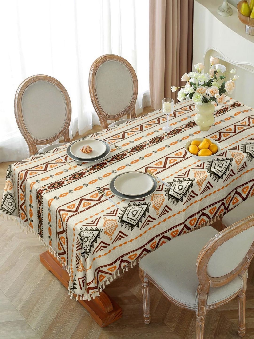 Cortina White & Brown Geometric Printed Waterproof Cotton Rectangle 6-Seater Table Cover-picture-27