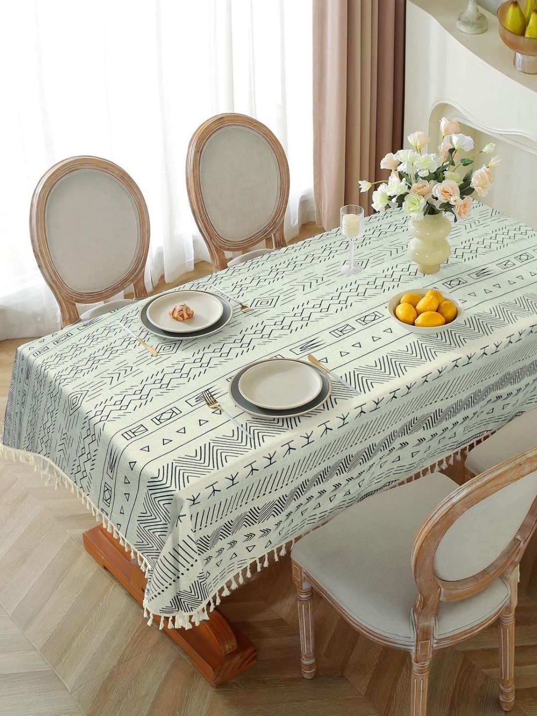 Cortina White & Black Geometric Waterproof Cotton Rectangle 4-Seater Table Cover-image-18