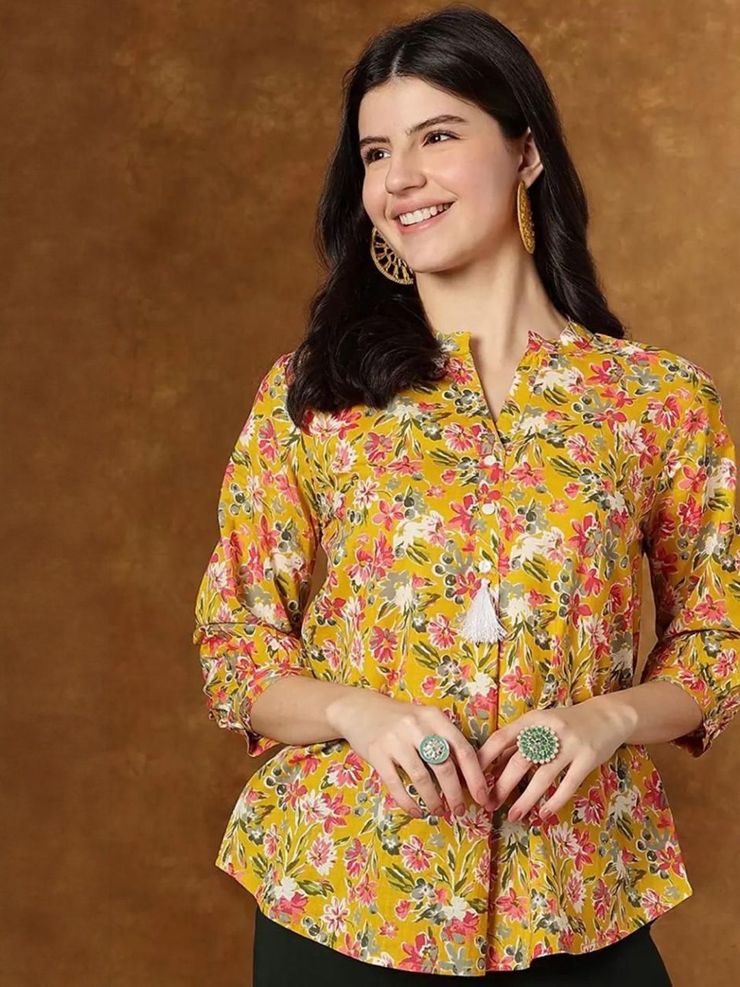 Pari A1 Floral Printed Mandarin Collar A-line Top With Tie-Up Detail