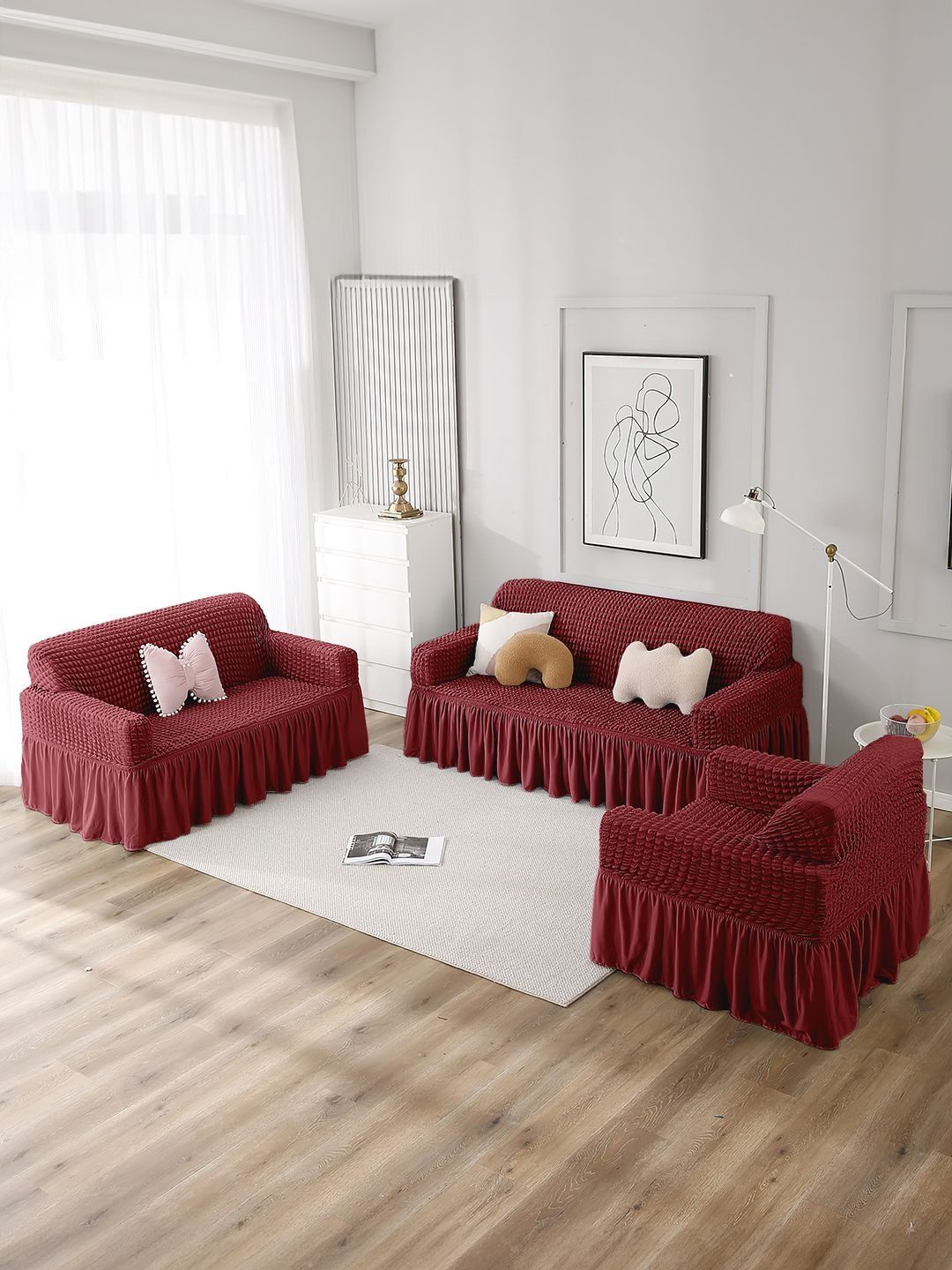 Cortina 3 Pieces Maroon Checked C-Shaped Sofa Covers-image-20