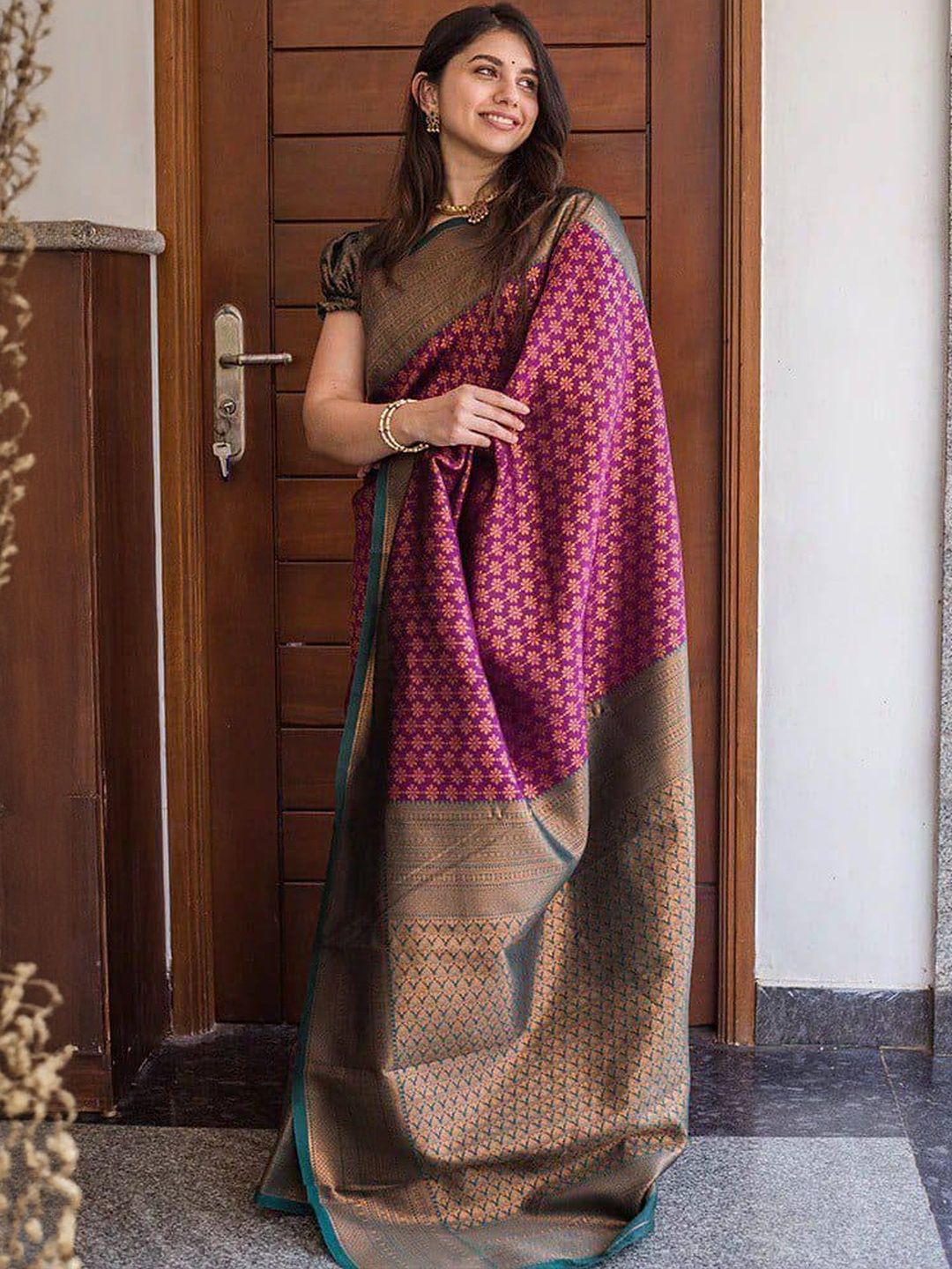 VASTRAAVEDAA Ethnic Motifs Woven Design Zari Banarasi Saree With Unstitched Blouse-picture-29
