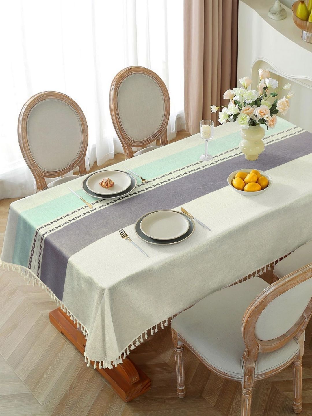 Cortina White & Blue Floral Waterproof Cotton Rectangle 4-Seater Table Cover-picture-26