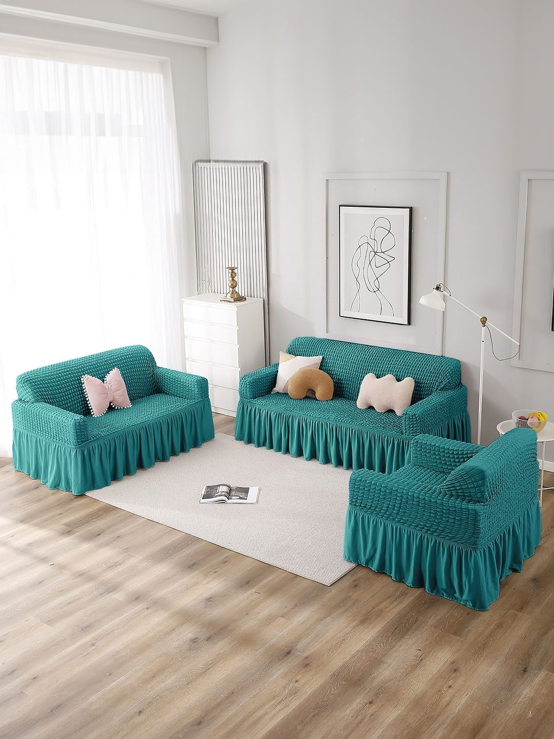 Cortina 3 Pieces Lime Green Checked C-Shaped Sofa Covers-picture-15