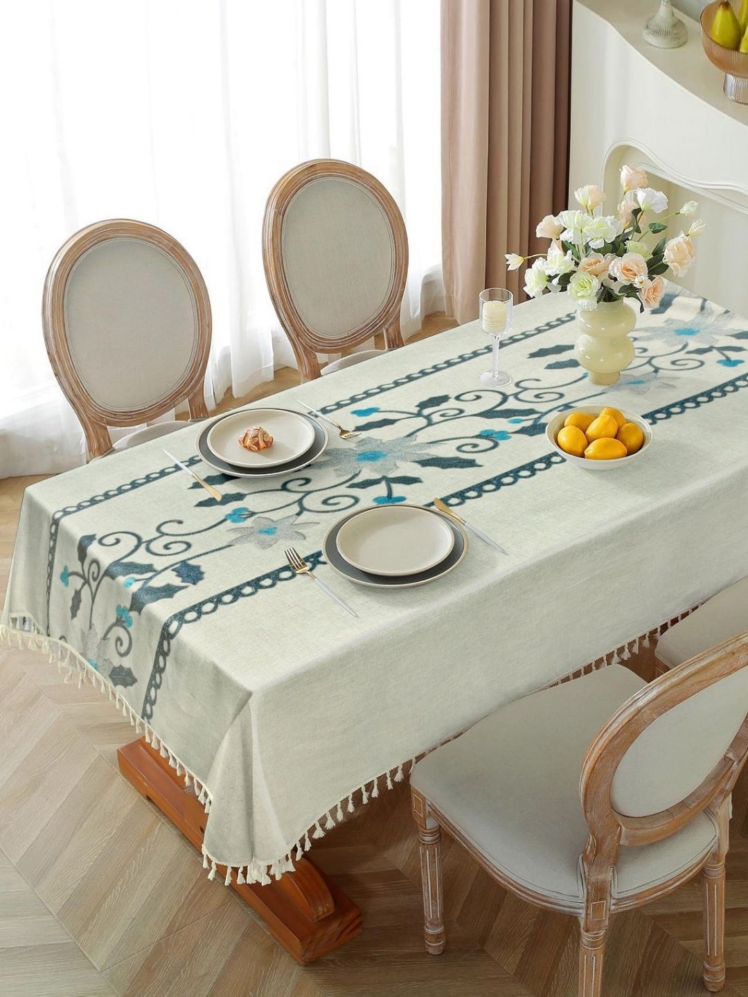 Cortina White & Blue Floral Waterproof Cotton Rectangle 4-Seater Table Cover-picture-24