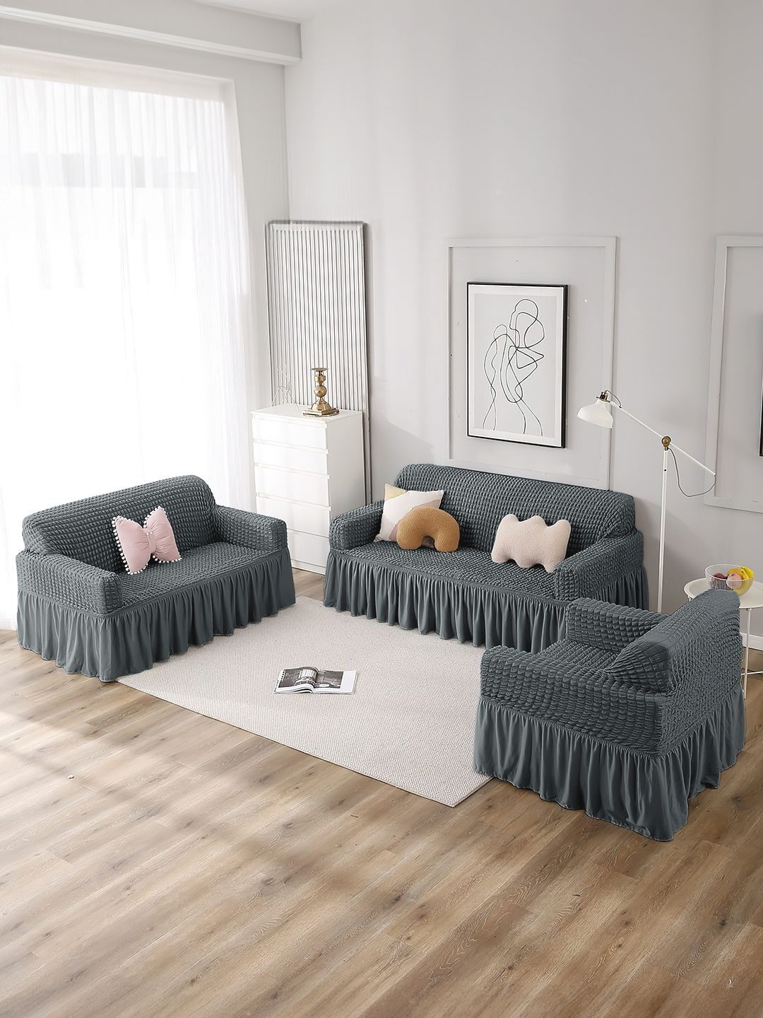 Cortina 3 Pieces Grey Checked C-Shaped Sofa Covers-image-11