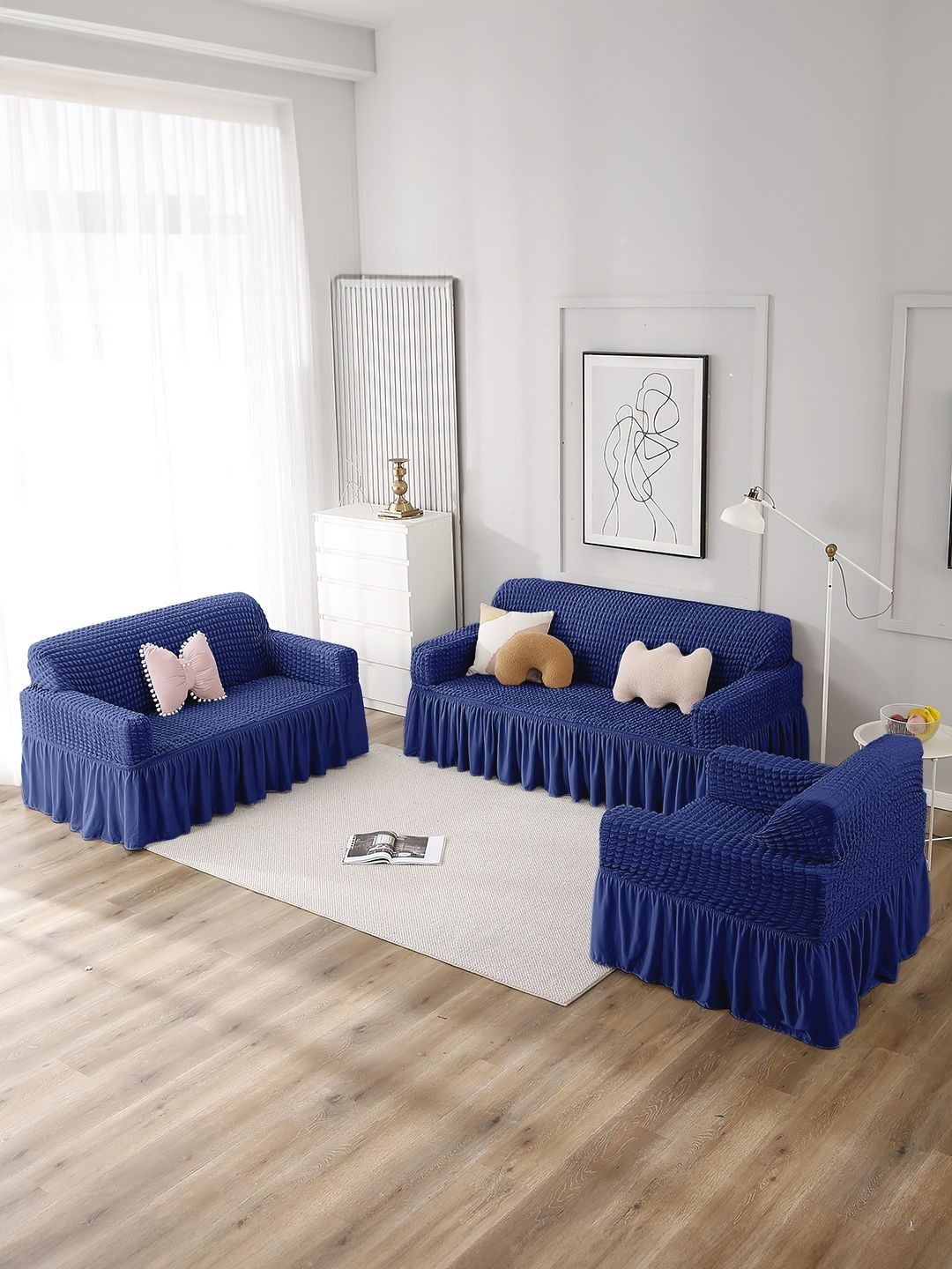 Cortina 3 Pieces Blue Checked C-Shaped Sofa Covers-image-21