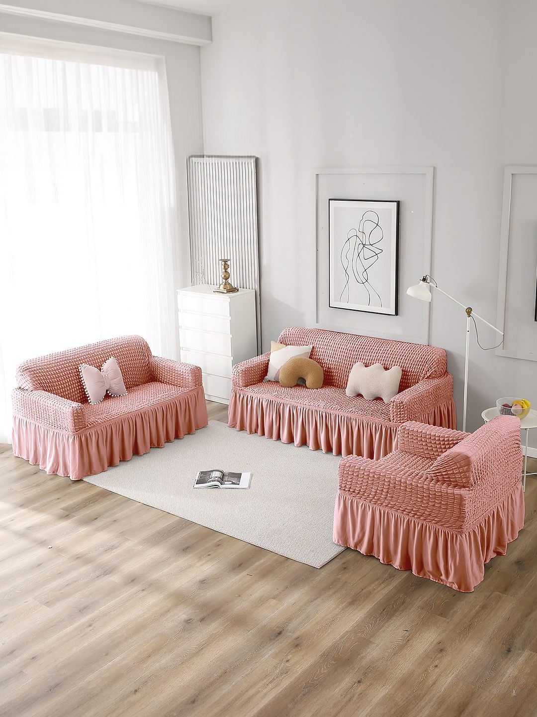 Cortina 3 Pieces Pink Checked C-Shaped Sofa Covers