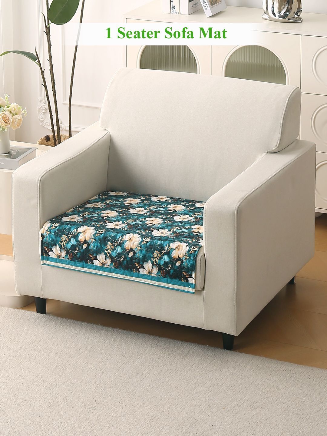 HOKIPO Florentina Series Pansies Teal Printed Holland Velvet 1 Seater Sofa Cover Mat-picture-9