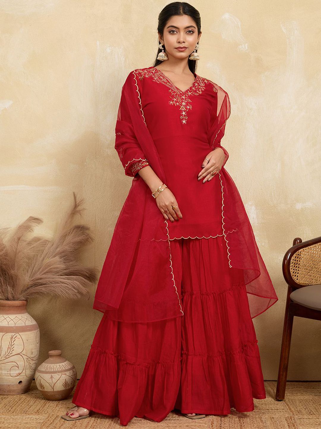 House of Pataudi Women Ethnic Motifs Embroidered A-Line Kurta with Sharara & Dupatta-picture-30