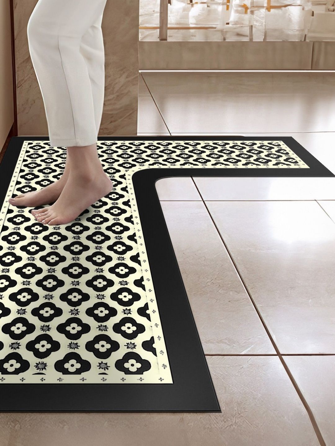 Cortina 2-Pcs Cream-Coloured & Black Printed Anti -Skid Kitchen Mats-image-20