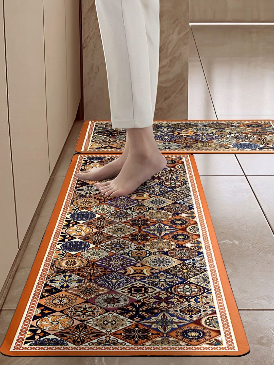 Cortina 2-Pcs Orange-Coloured & Blue Printed Anti -Skid Kitchen Mats-image-36