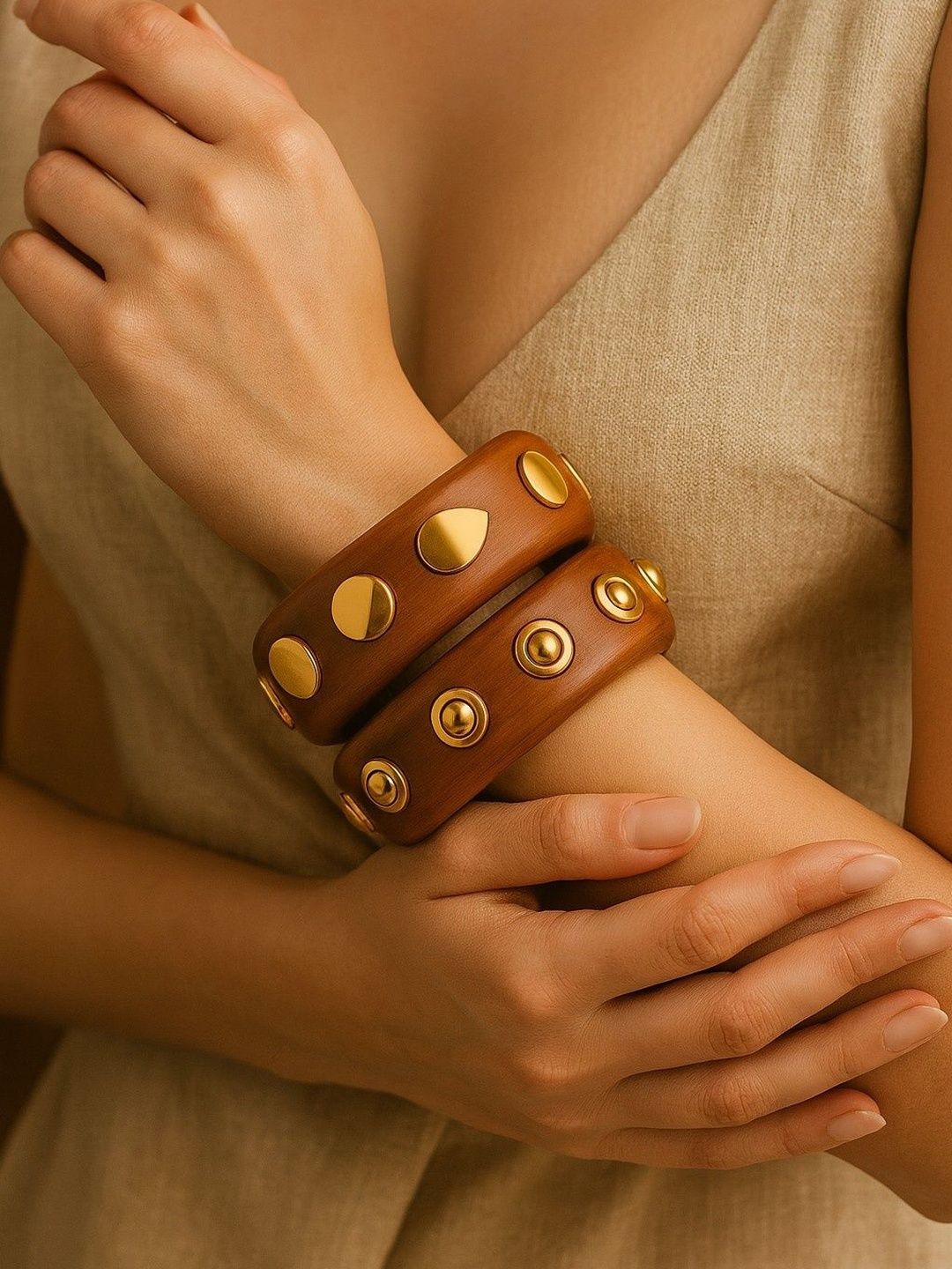 ATIBELLE Set Of 2 Gold-Plated Stone Studded Textured wooden Bangles