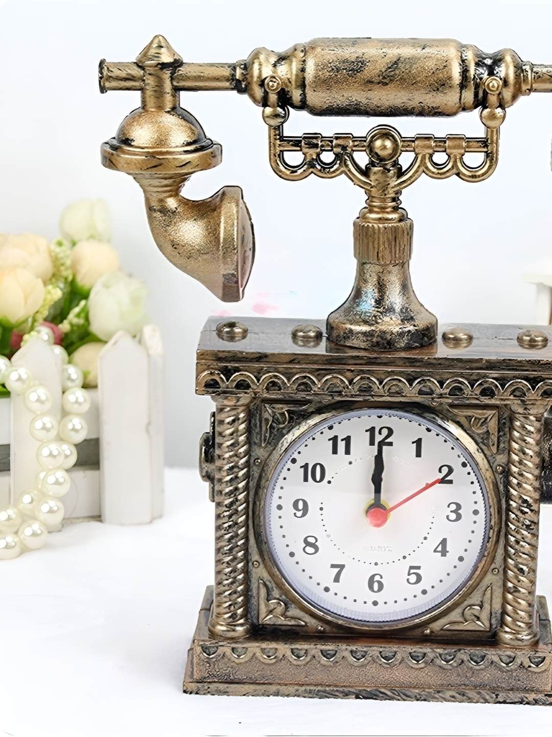 Gopalvilla Bronze-Toned & White Vintage Telephone Shaped Round Alarm Clock-picture-23