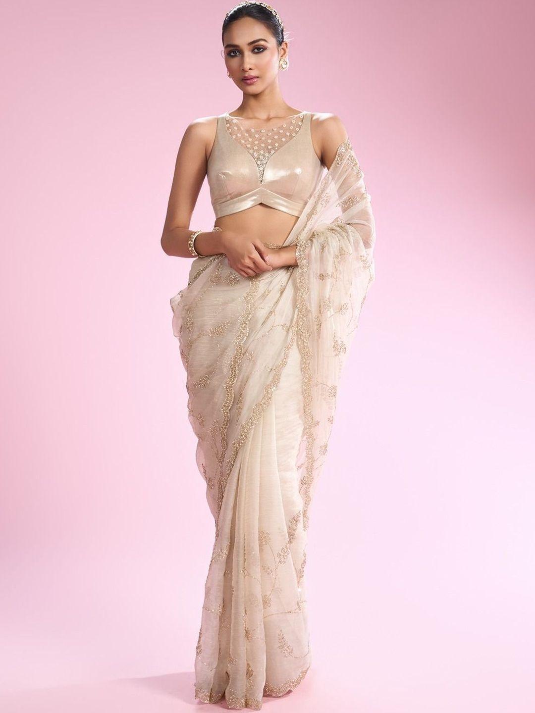 MOHEY Embellished Beads and Stones Organza Heavy Work Saree-picture-40