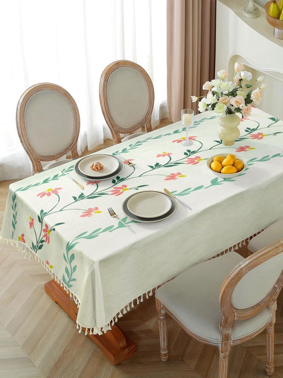 Cortina White Floral Waterproof Cotton 6-Seater Table Cover-picture-18