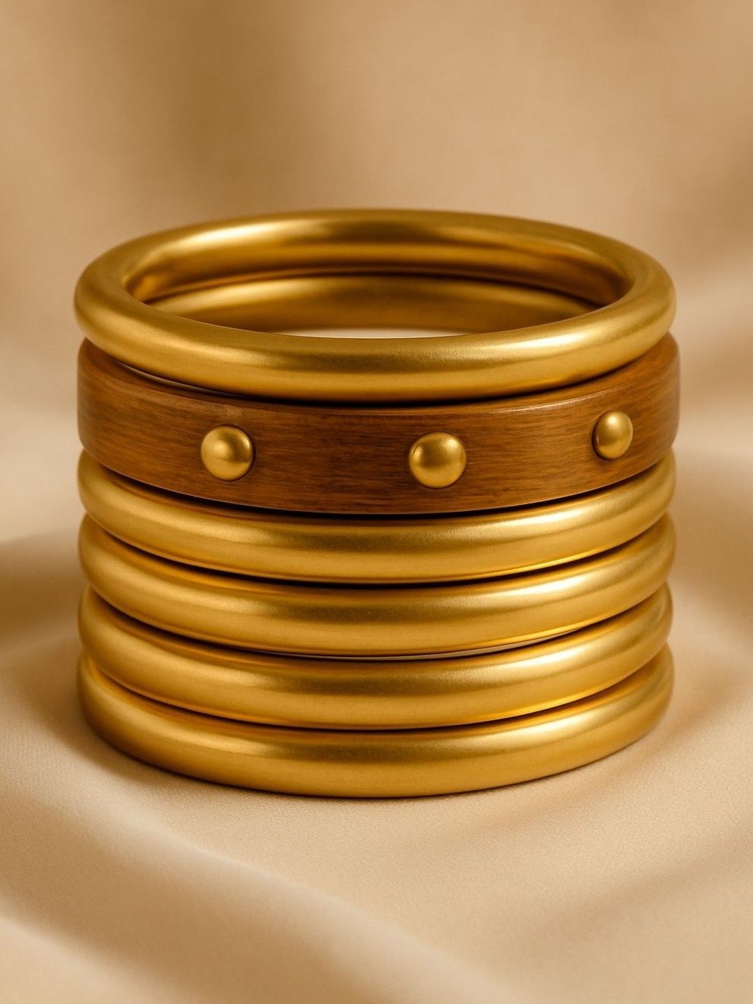 Atibelle Set of 5 round gold plated metal stone studded wooden bangles