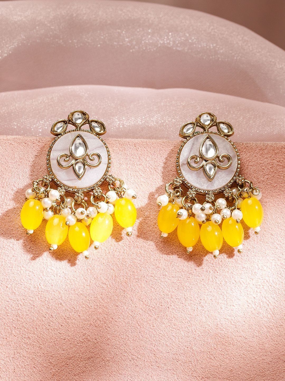 Rubans 22K Gold-Plated Brass White Kundan Drop Earrings with Pearls & Yellow Beads-picture-26