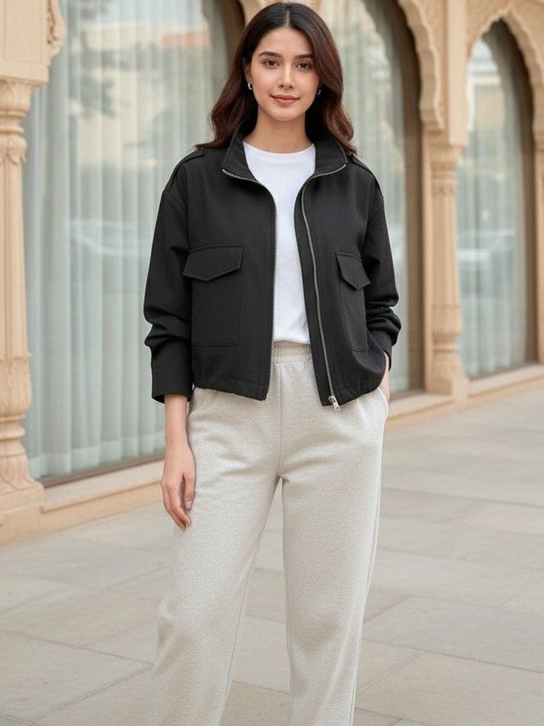 Mast & Harbour Women Mock Collar Solid Open Front Jacket-image-46