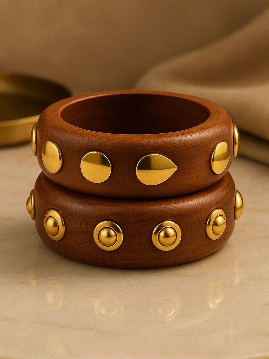 ATIBELLE Set Of 2 Gold-Plated Stone Studded Textured wooden Bangles