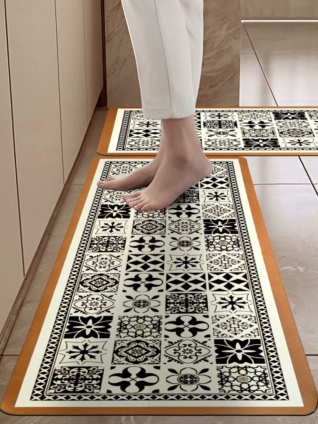 Cortina Cream & Black Ethnic Motifs Printed L-Shaped Waterproof Kitchen Floor Mat-picture-29