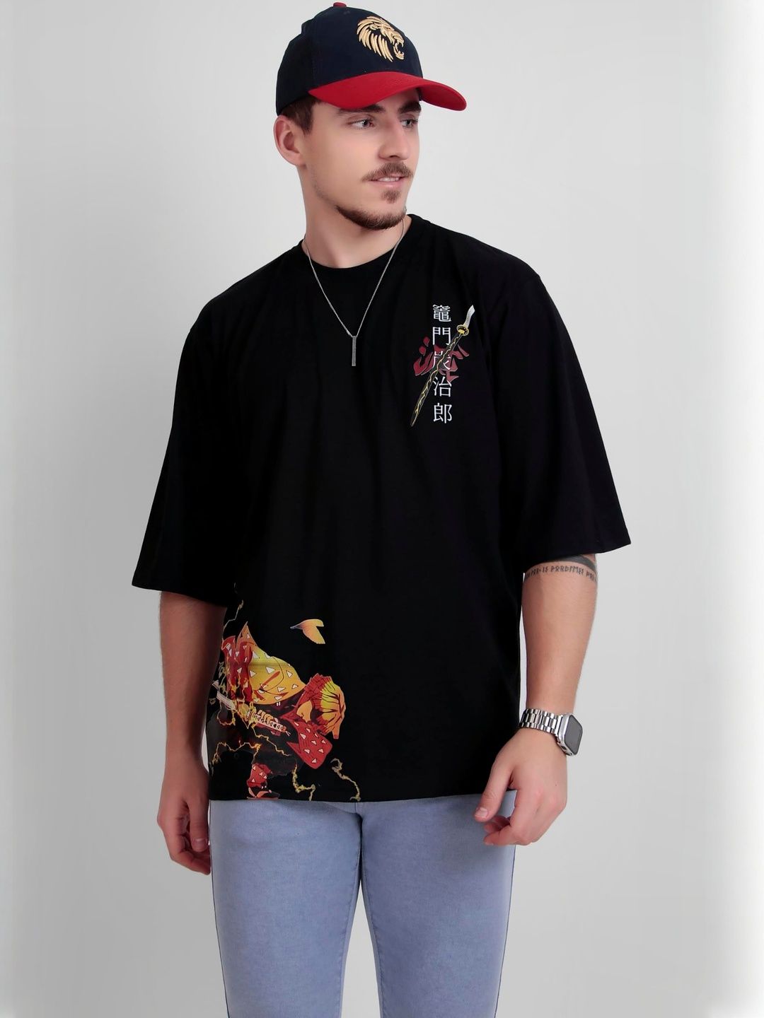 D-LINE Graphic Printed Demon Slayer Round Neck Drop-Shoulder Sleeves Cotton T-shirt-picture-12