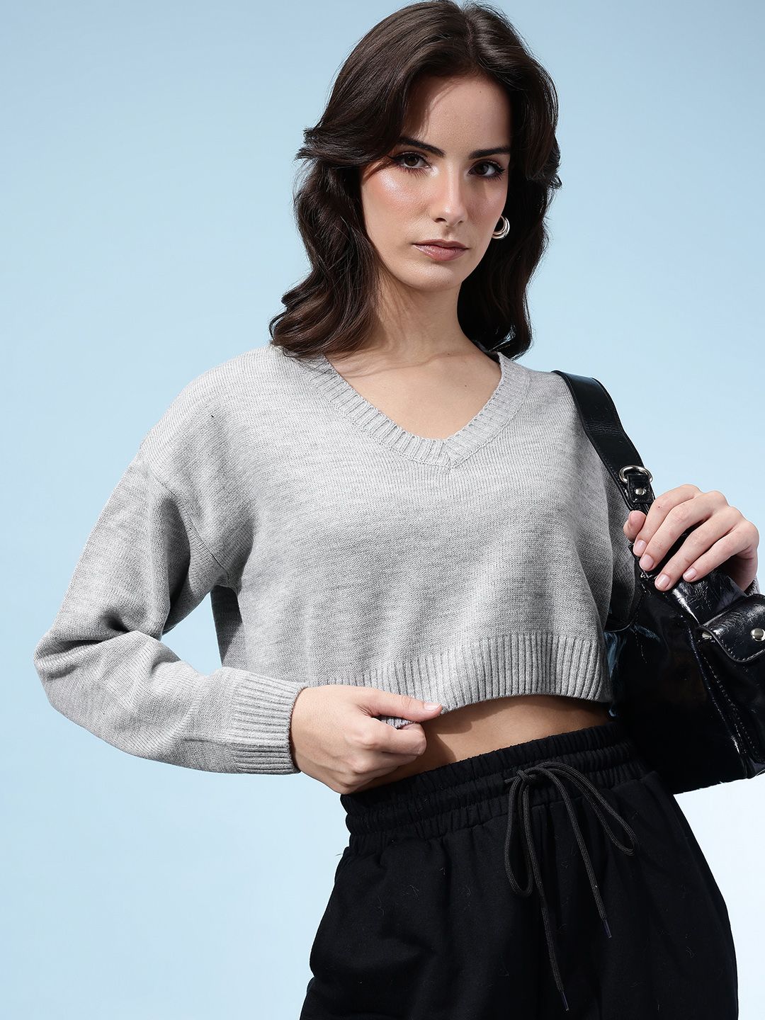 glitchez V-Neck Oversized Cropped Acrylic Pullover-image-33