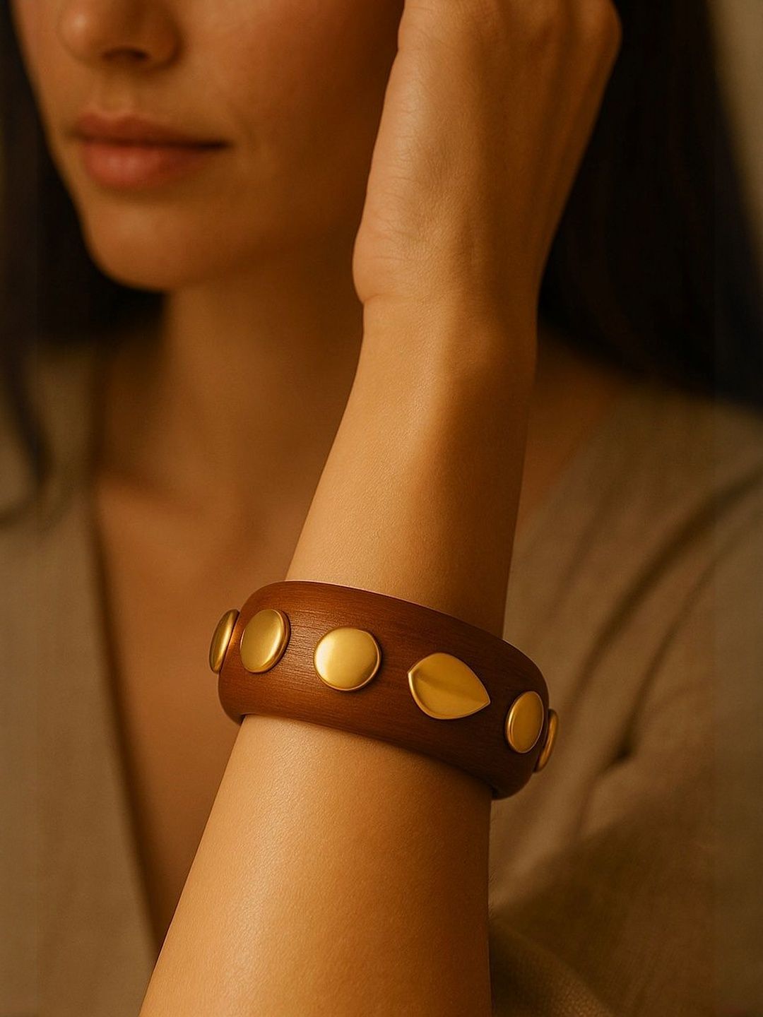 ATIBELLE Gold-Plated Stone Studded Textured wooden Bangle